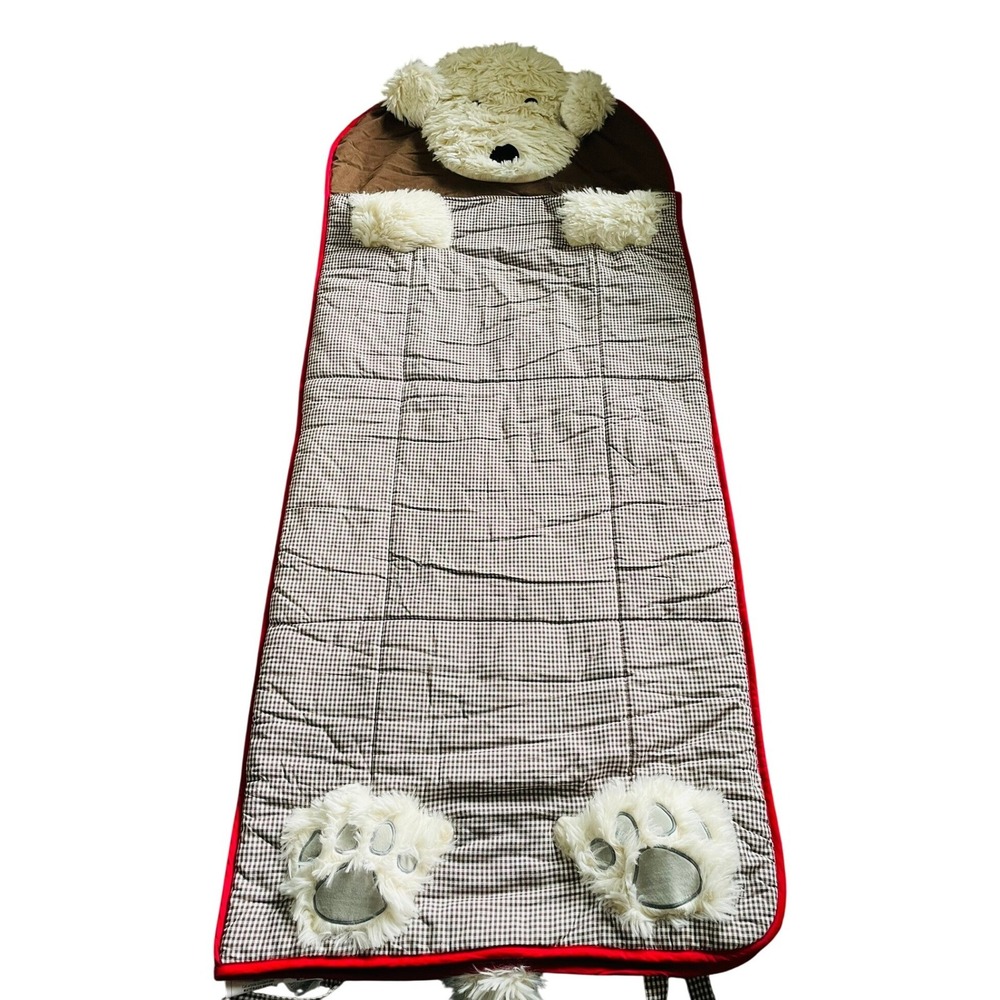 Pottery Barn Kids Sleeping Bag Brown Gingham Puppy Dog Plush Kids 29x71 Kids